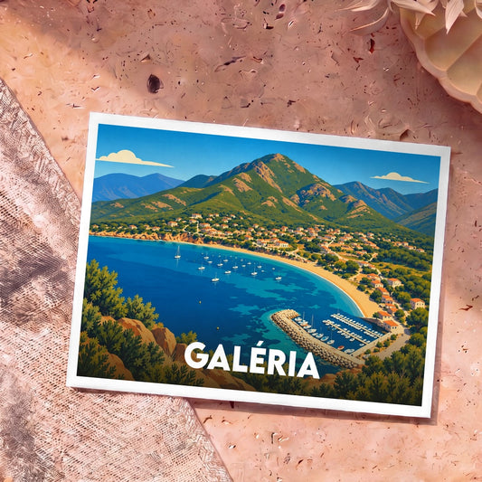 Carte postale souvenir de la ville de Galéria avec une illustration stylisée de sa baie et de ses montagnes.