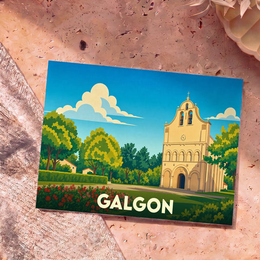 Carte postale souvenir de la ville de Galgon représentant son église dans un style illustré et coloré.