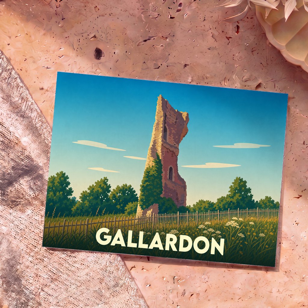 Carte postale souvenir de la ville de Gallardon avec une illustration stylisée de la tour de l'Épaule.