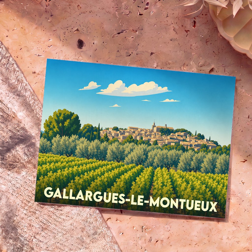 Carte postale souvenir de Gallargues-le-Montueux illustrant un paysage de vignes et d'oliviers devant le village perché.