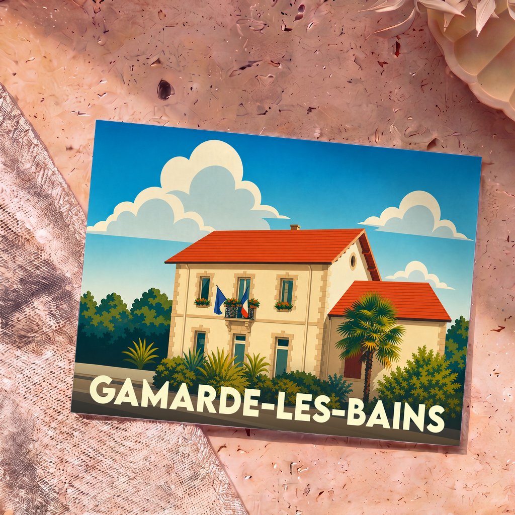 Carte postale souvenir de la ville de Gamarde-les-Bains avec une illustration stylisée d'une maison landaise sous un ciel bleu.