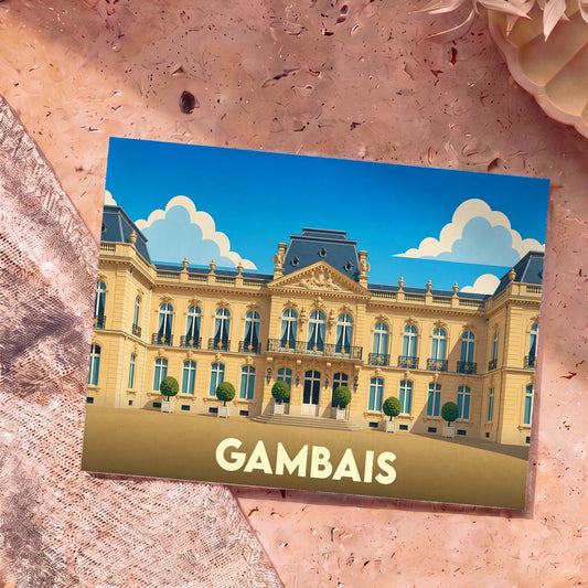 Carte postale souvenir de la ville de Gambais illustrant un château majestueux sous un ciel bleu.