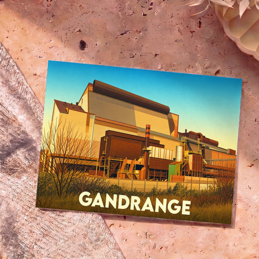 Carte postale souvenir de la ville de Gandrange avec une illustration stylisée de son site industriel.
