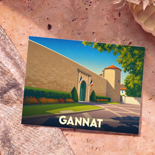 Carte postale souvenir de la ville de Gannat avec une illustration stylisée de son château.