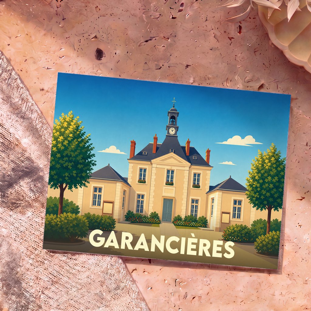 Carte postale souvenir de la ville de Garancières illustrant sa mairie dans un style graphique épuré.