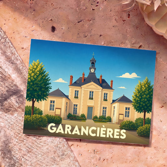 Carte postale souvenir de la ville de Garancières illustrant sa mairie dans un style graphique épuré.