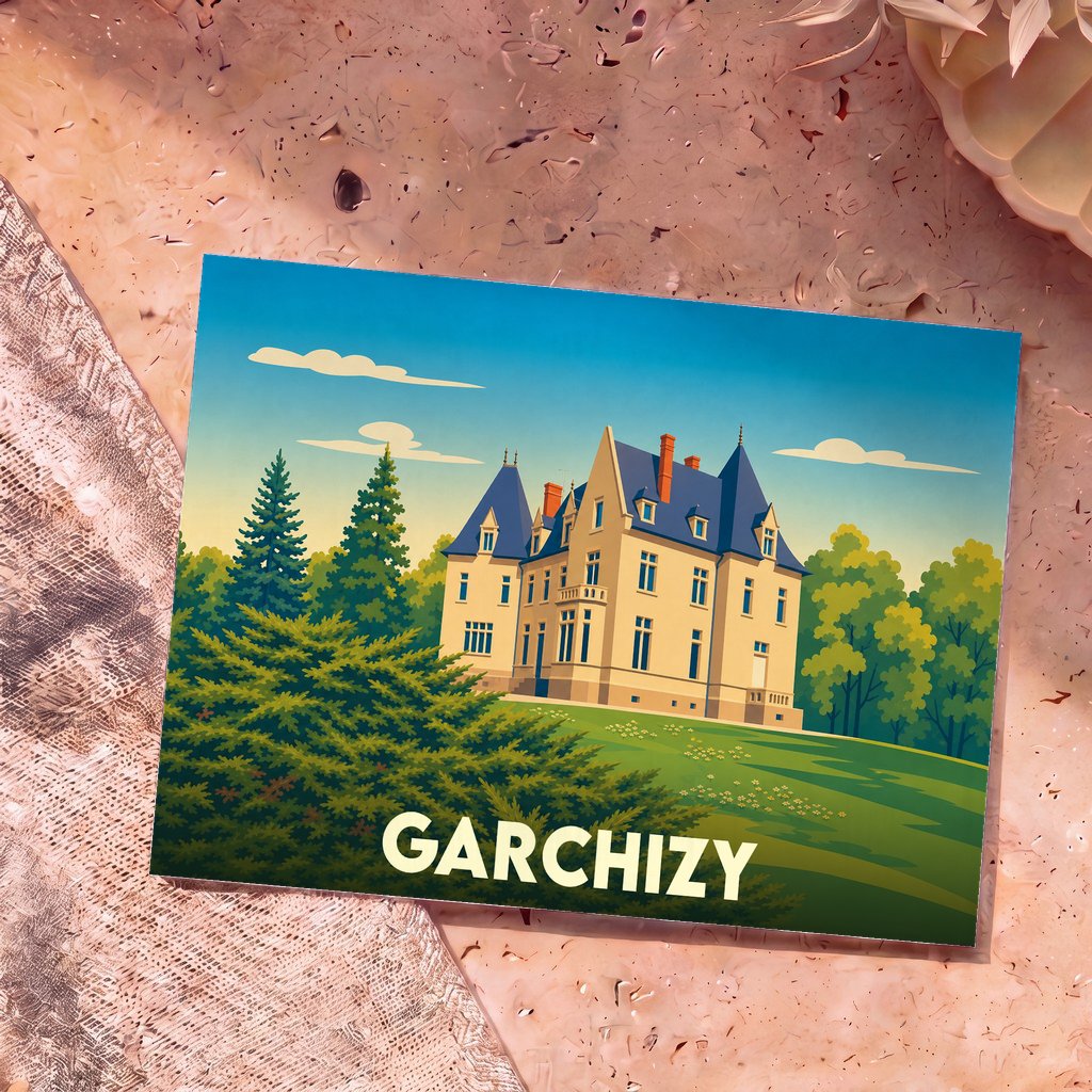 Carte postale souvenir de la ville de Garchizy avec une illustration stylisée d'un château entouré de verdure.