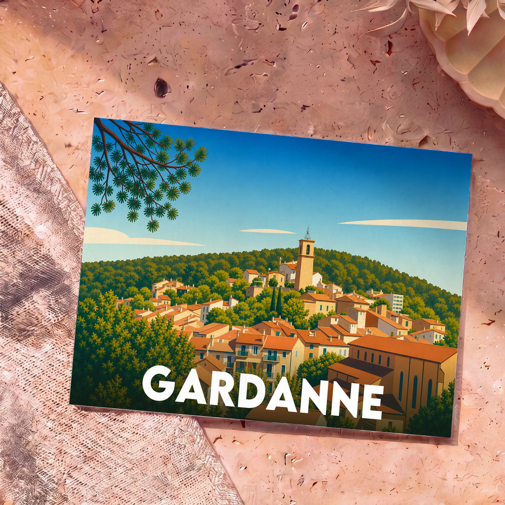 Carte postale souvenir de la ville de Gardanne arborant une illustration stylisée et colorée de ses maisons provençales.