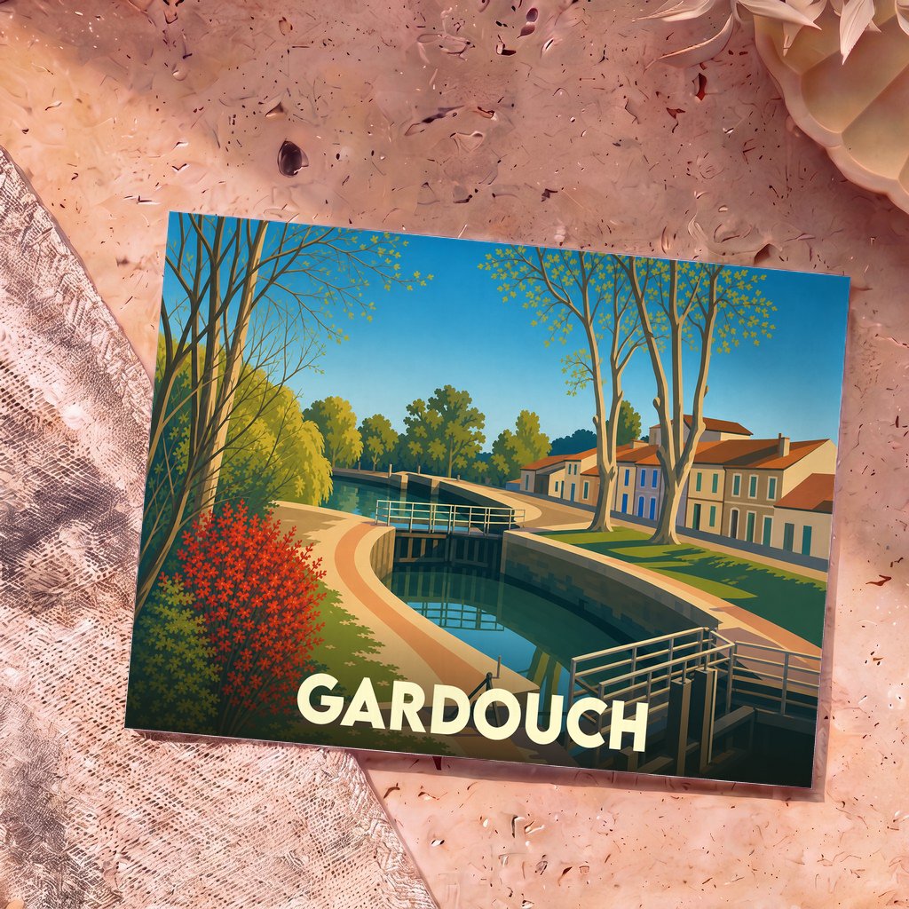 Carte postale souvenir de la ville de Gardouch avec une illustration stylisée du canal du Midi et de ses écluses.