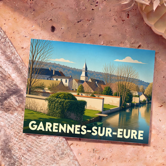 Carte postale souvenir de la ville de Garennes-sur-Eure avec une illustration stylisée.