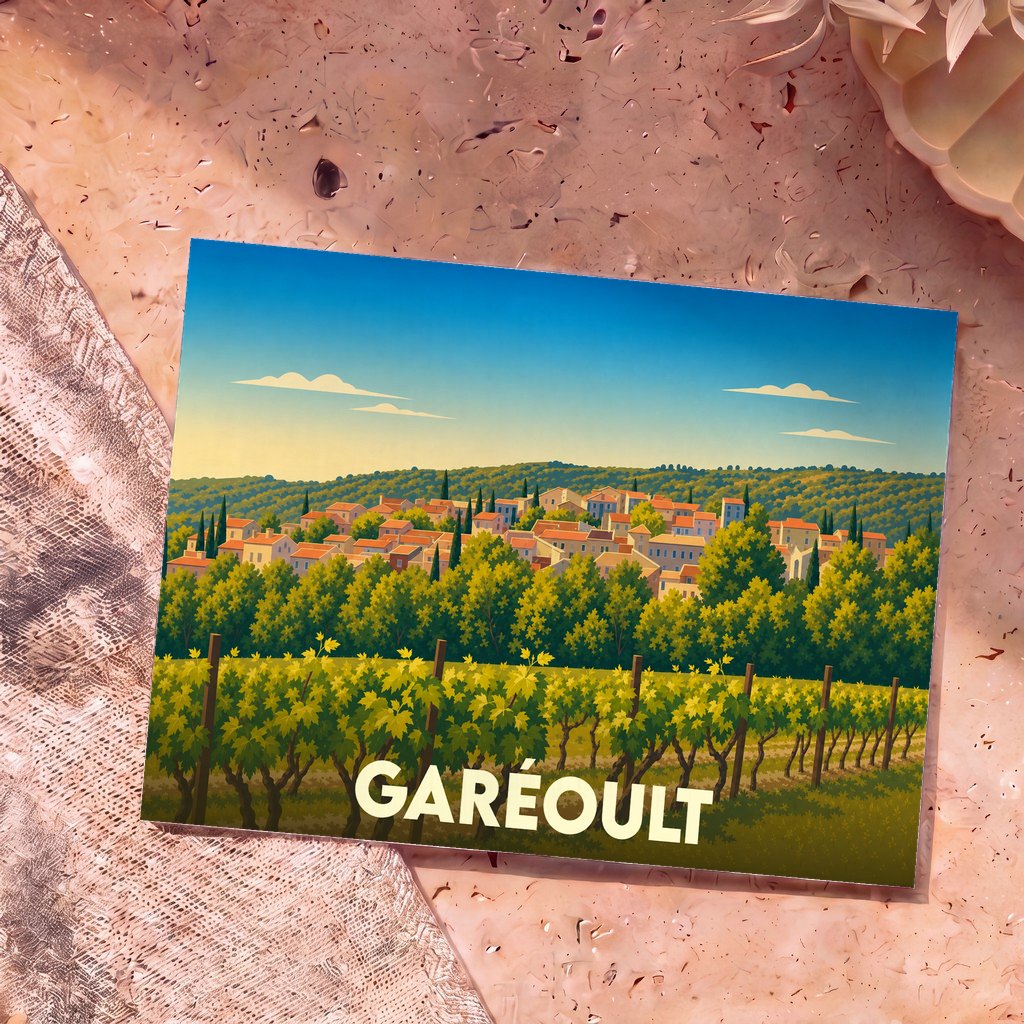 Carte postale souvenir de la ville de Garéoult avec une illustration stylisée d'un vignoble et d'un village provençal.