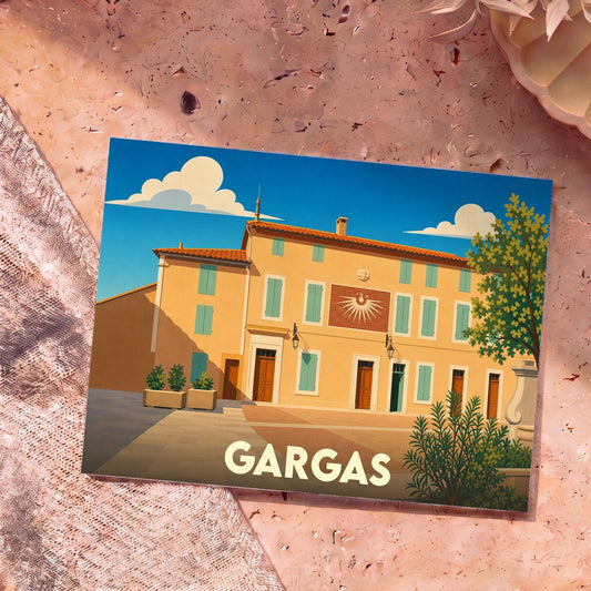 Carte postale souvenir de la ville de Gargas avec une illustration stylisée.