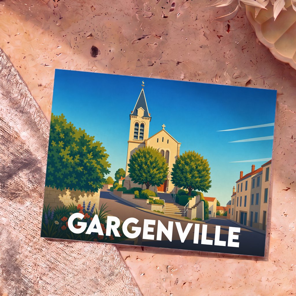 Carte postale souvenir de la ville de Gargenville avec une illustration stylisée d'une église sous un ciel bleu.