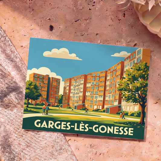 Carte postale souvenir de la ville de Garges-lès-Gonesse avec une illustration stylisée de ses immeubles emblématiques.