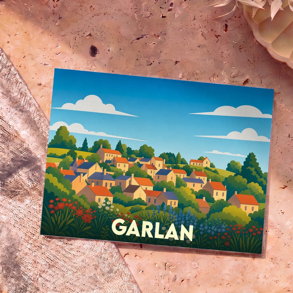 Carte postale souvenir de la ville de Garlan avec une illustration stylisée d'un village vallonné.