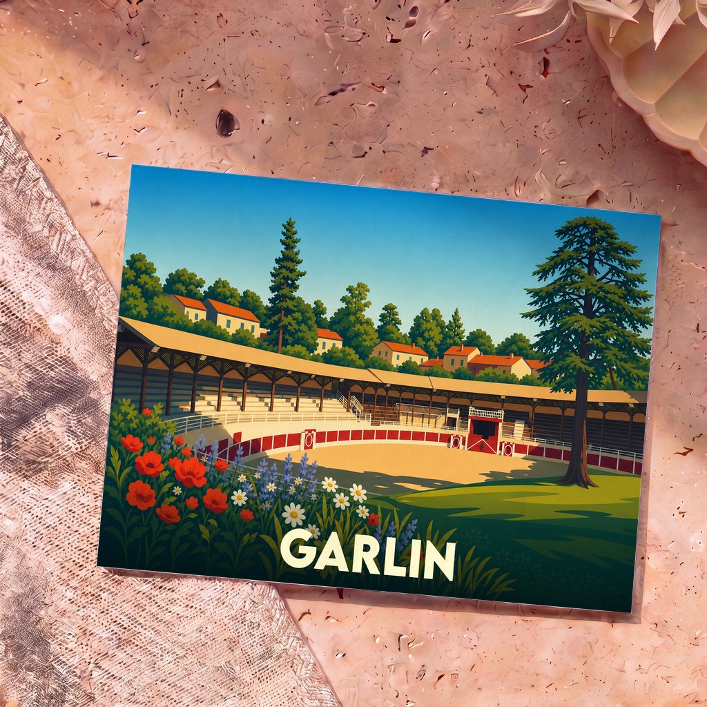 Carte postale souvenir de la ville de Garlin illustrant ses arènes dans un style graphique et coloré.