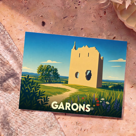 Carte postale souvenir de la ville de Garons avec une illustration stylisée d'une tour en ruine dans un paysage champêtre.