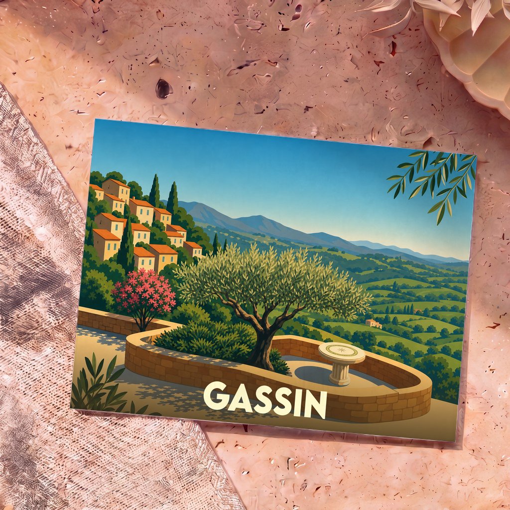 Carte postale souvenir de la ville de Gassin avec une illustration stylisée d'un paysage provençal.