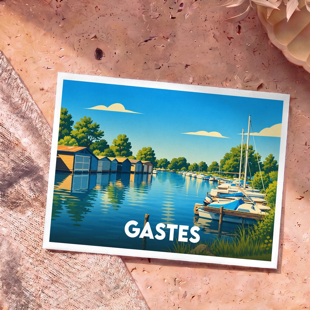 Carte postale souvenir de la ville de Gastes avec une illustration stylisée de son port de plaisance.