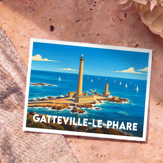 Carte postale souvenir de Gatteville-le-Phare avec une illustration stylisée du phare et de la mer.