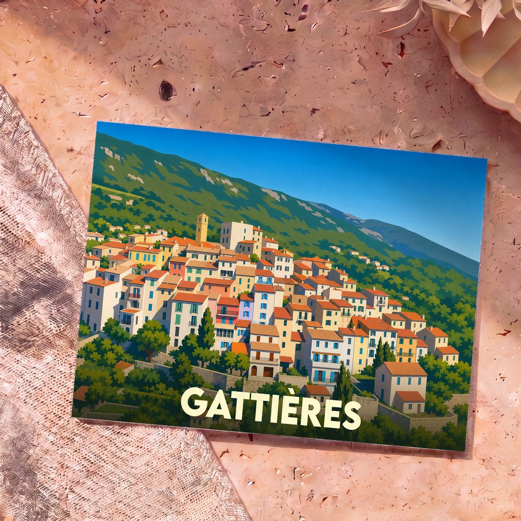 Carte postale souvenir de la ville de Gattières avec une illustration colorée et stylisée du village à flanc de colline.