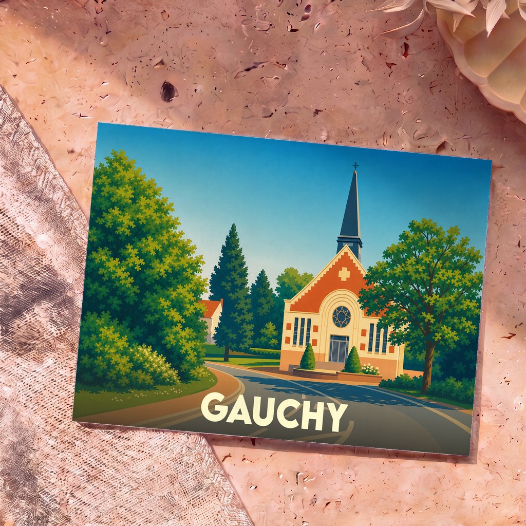 Carte postale souvenir de la ville de Gauchy avec une illustration stylisée de son église.