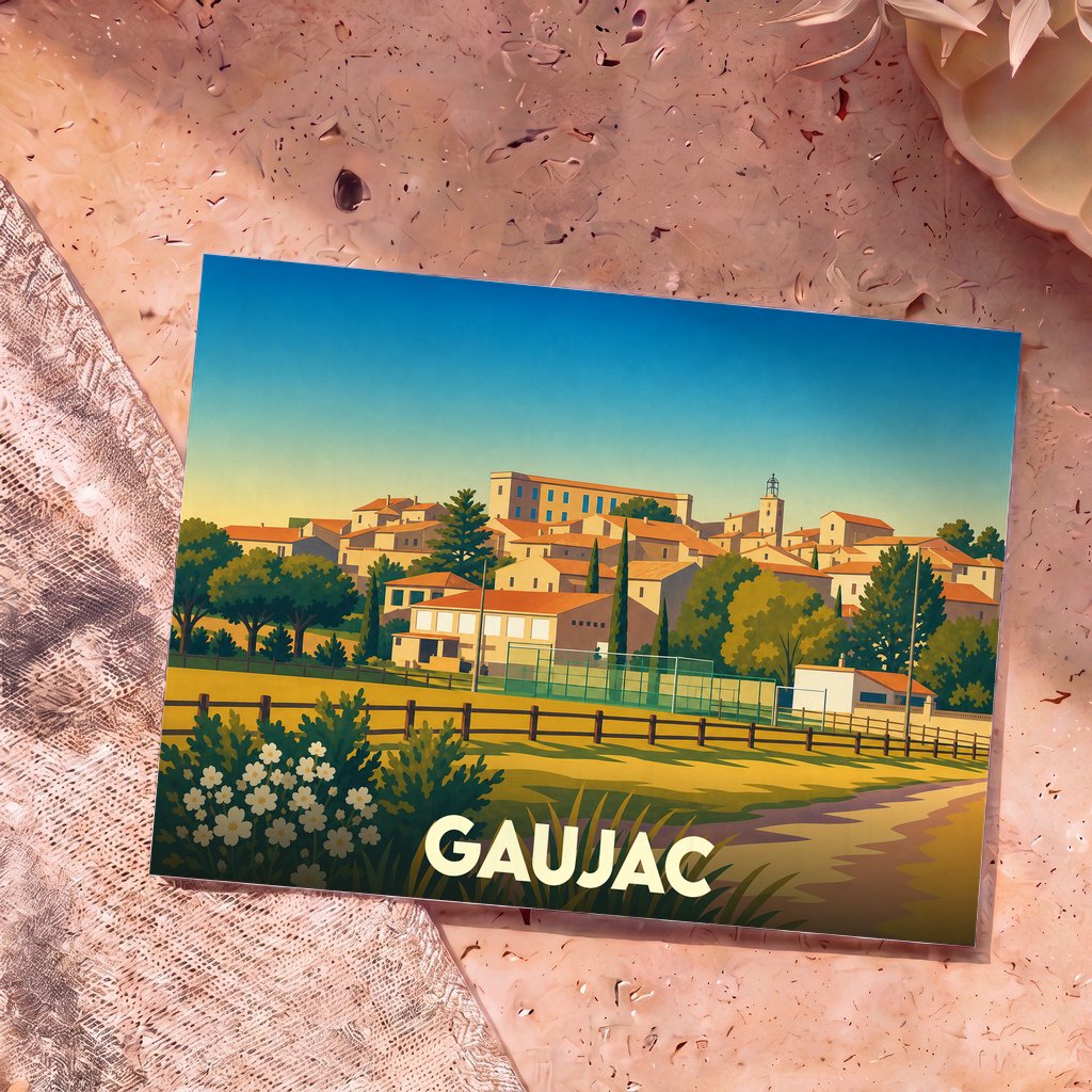 Carte postale souvenir de la ville de Gaujac avec une illustration stylisée et colorée.