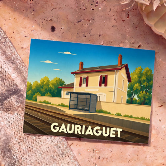 Carte postale souvenir de la ville de Gauriaguet avec une illustration stylisée d'une gare sous un ciel bleu.