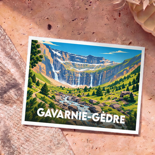 Carte postale souvenir de Gavarnie-Gèdre illustrant les cascades du cirque de Gavarnie dans un style graphique épuré.