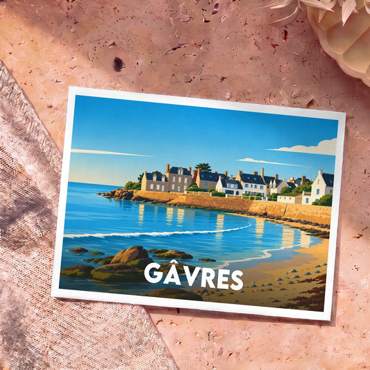 Carte postale souvenir de la ville de Gâvres illustrant son front de mer avec un style graphique épuré.
