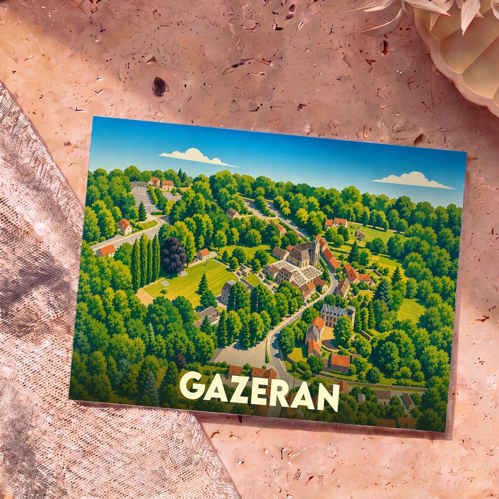 Carte postale souvenir de la ville de Gazeran présentant une vue aérienne illustrée et verdoyante.