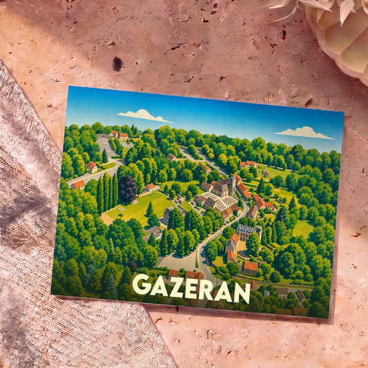 Carte postale souvenir de la ville de Gazeran présentant une vue aérienne illustrée et verdoyante.