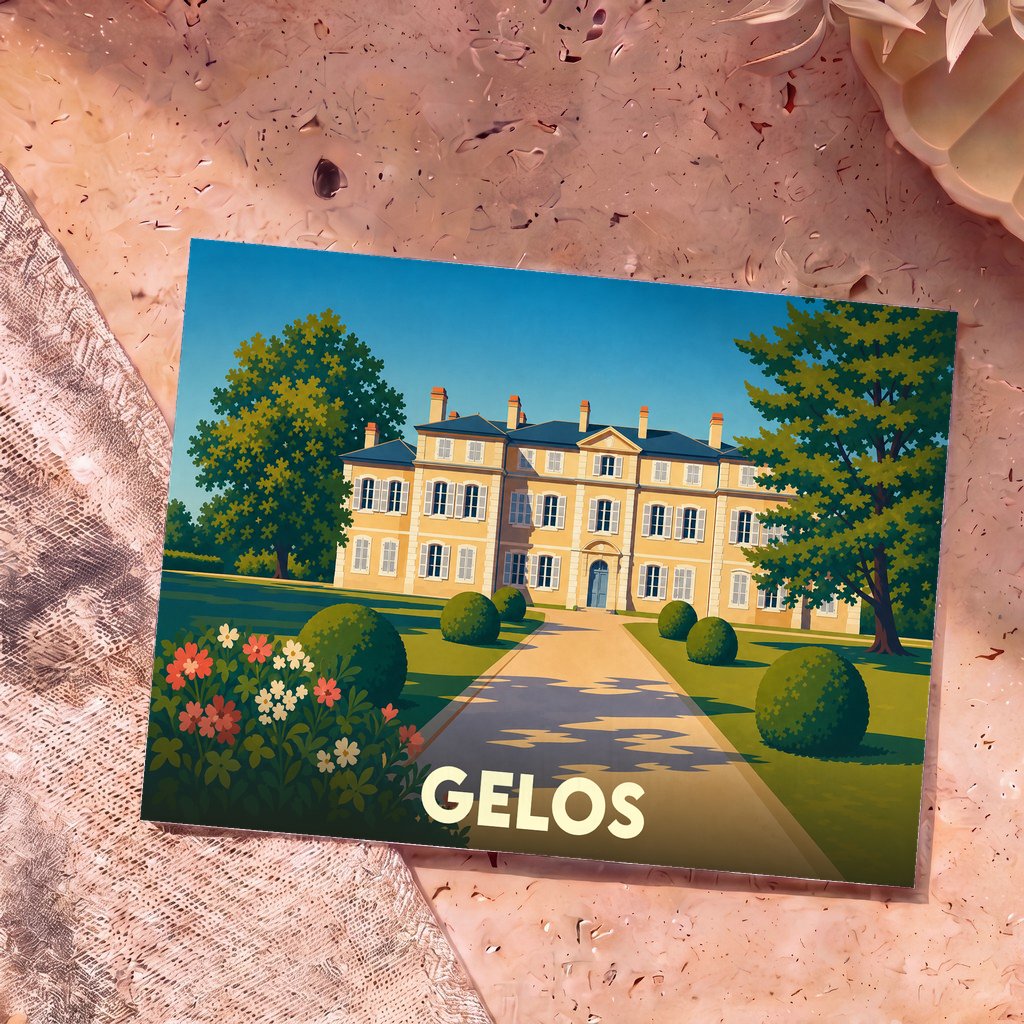 Carte postale souvenir de la ville de Gelos avec une illustration stylisée d'un château et de ses jardins.