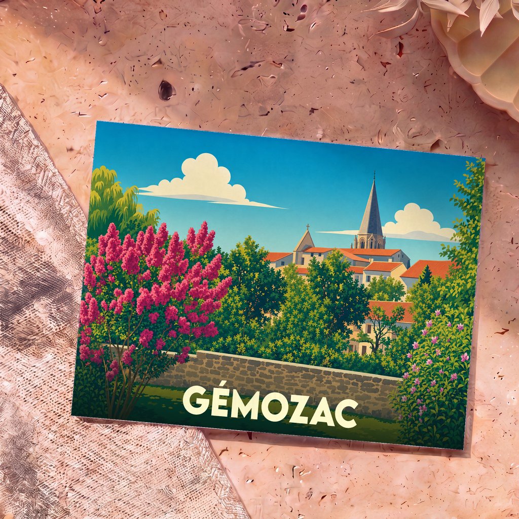 Carte postale souvenir de la ville de Gémozac avec une illustration stylisée et colorée.