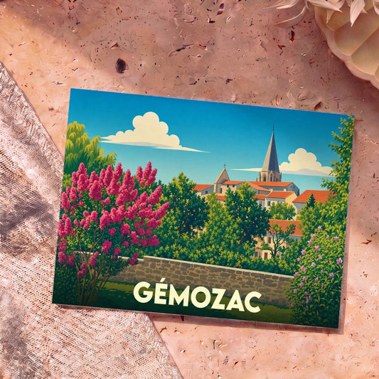 Carte postale souvenir de la ville de Gémozac avec une illustration stylisée et colorée.