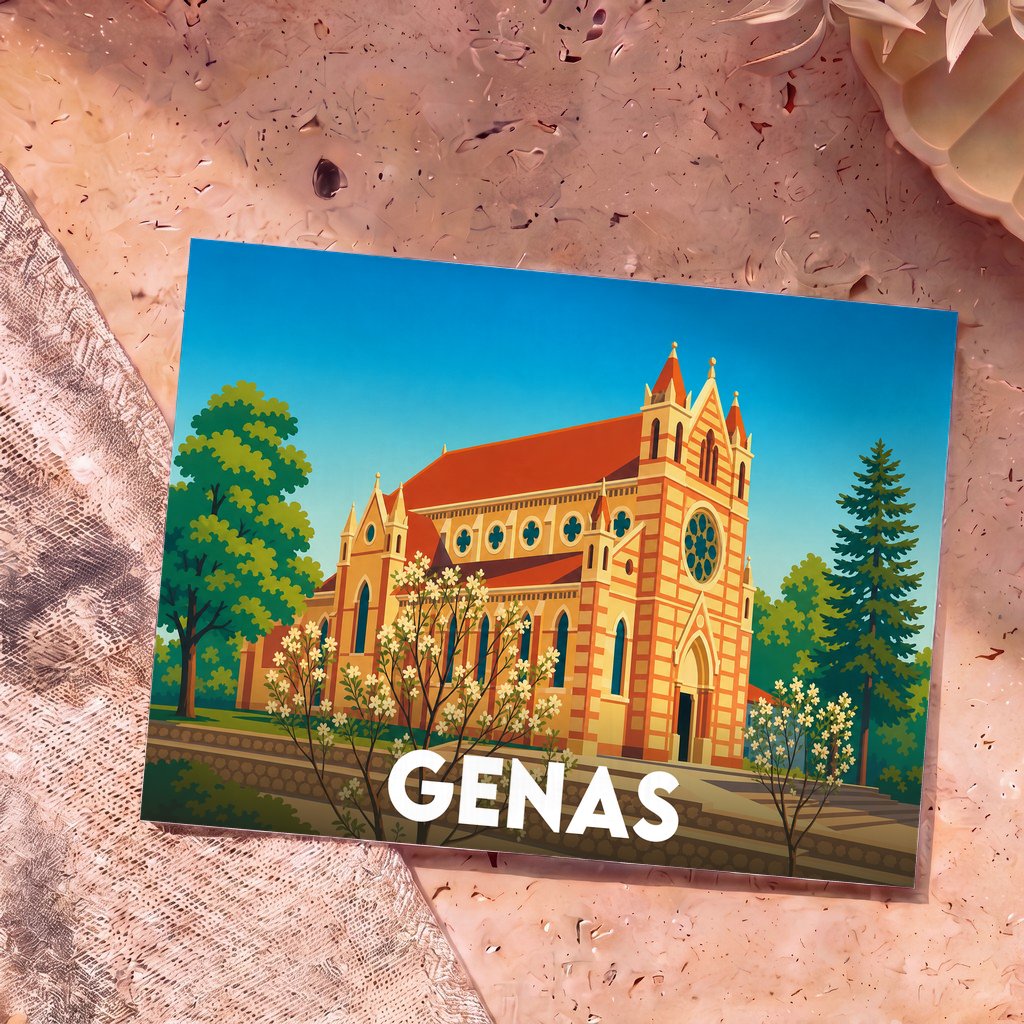 Carte postale souvenir de la ville de Genas avec une illustration stylisée de son église entourée de verdure.