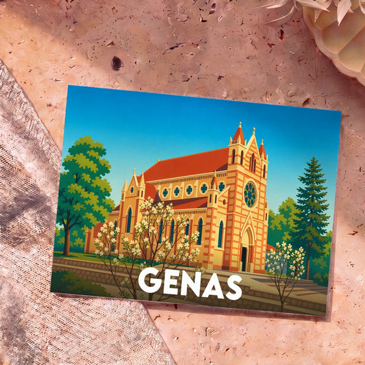 Carte postale souvenir de la ville de Genas avec une illustration stylisée de son église entourée de verdure.
