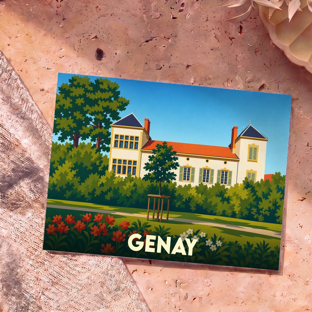 Carte postale souvenir de la ville de Genay avec une illustration stylisée d'une grande demeure bourgeoise entourée de verdure.