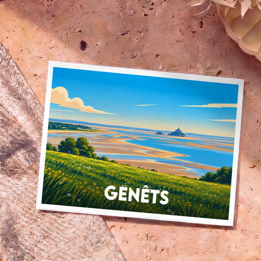 Carte postale souvenir de la ville de Genêts illustrant une vue panoramique sur la baie du Mont-Saint-Michel.