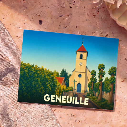 Carte postale souvenir de la ville de Geneuille avec une illustration stylisée de son église.