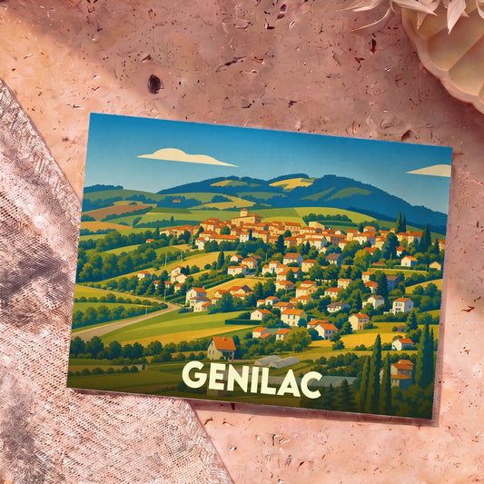 Carte postale souvenir de la ville de Genilac avec une illustration stylisée de son paysage vallonné.
