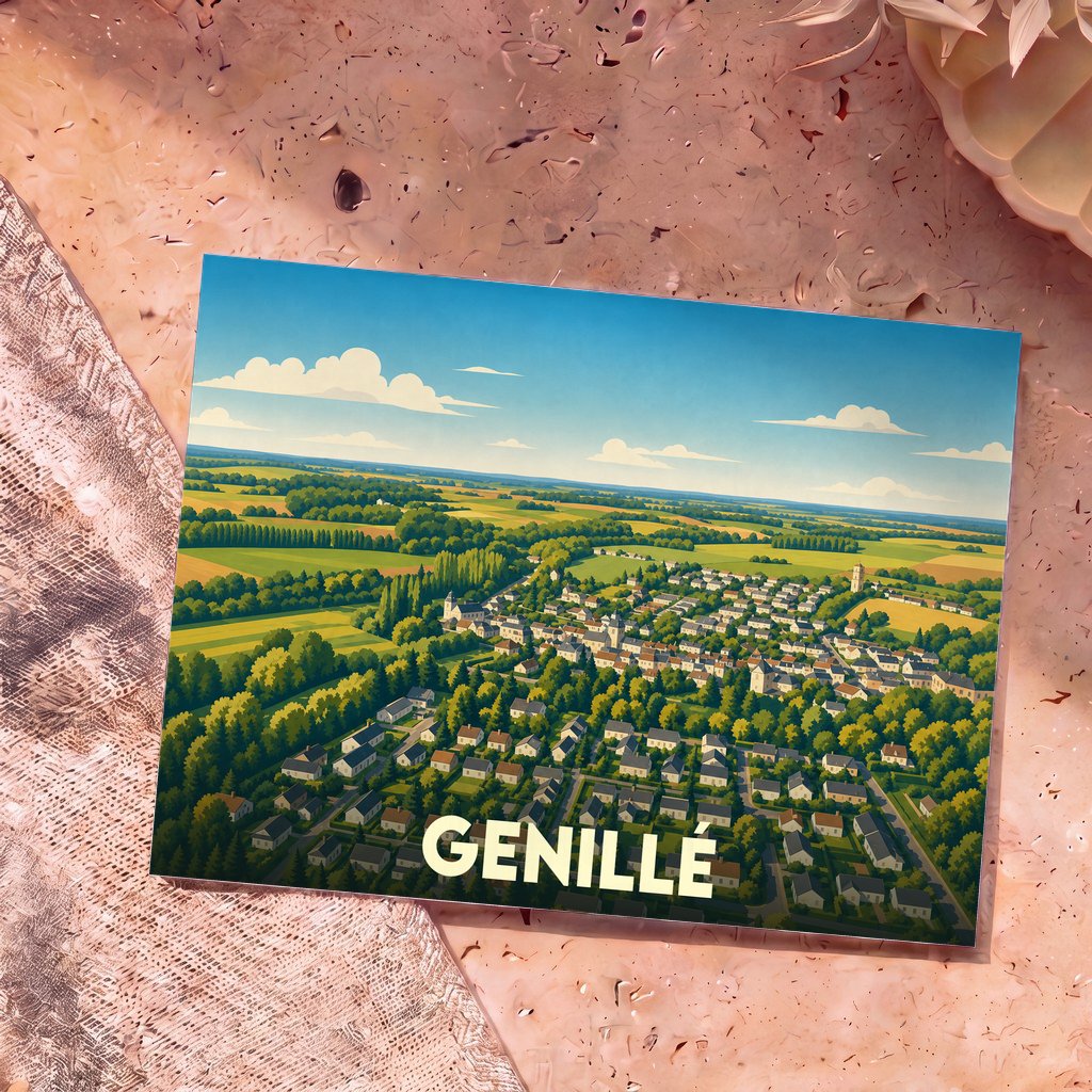 Carte postale souvenir de la ville de Genillé avec une illustration stylisée vue du ciel.