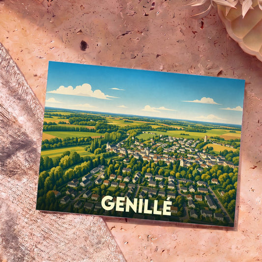 Carte postale souvenir de la ville de Genillé avec une illustration stylisée vue du ciel.