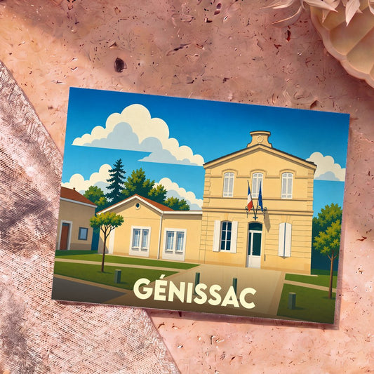 Carte postale souvenir de la ville de Génissac avec une illustration stylisée de sa mairie.