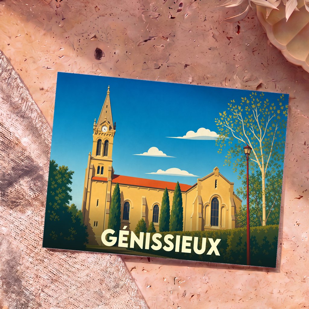 Carte postale souvenir de la ville de Génissieux avec une illustration stylisée de son église.