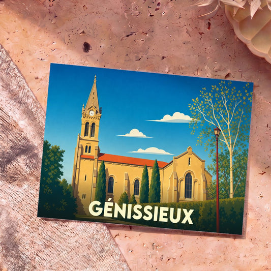 Carte postale souvenir de la ville de Génissieux avec une illustration stylisée de son église.