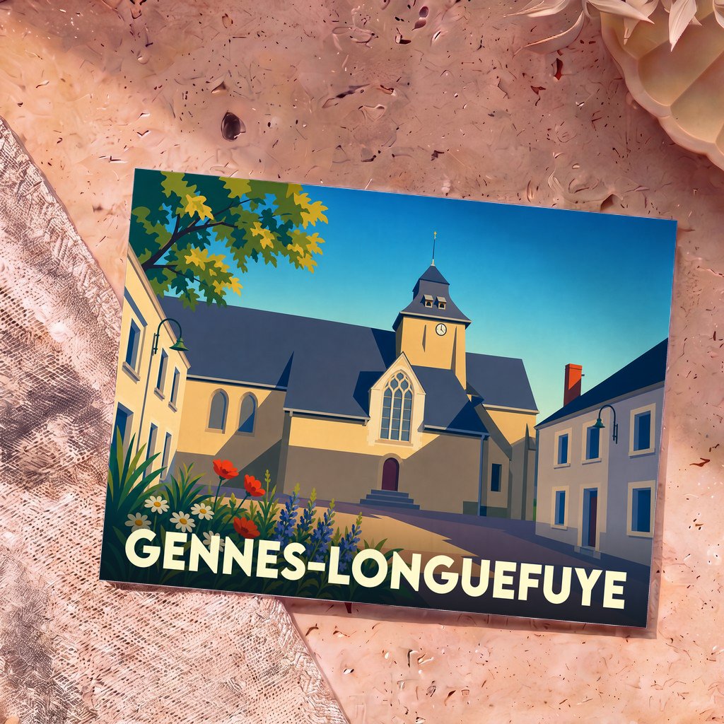 Carte postale souvenir de la commune de Gennes-Longuefuye avec une illustration stylisée de son église et de ses maisons.