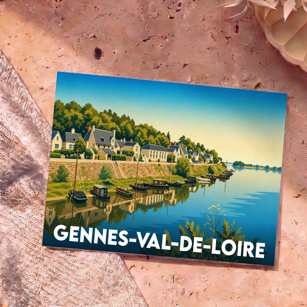 Carte postale souvenir de la ville de Gennes-Val-de-Loire avec une illustration stylisée d'un village en bord de fleuve.