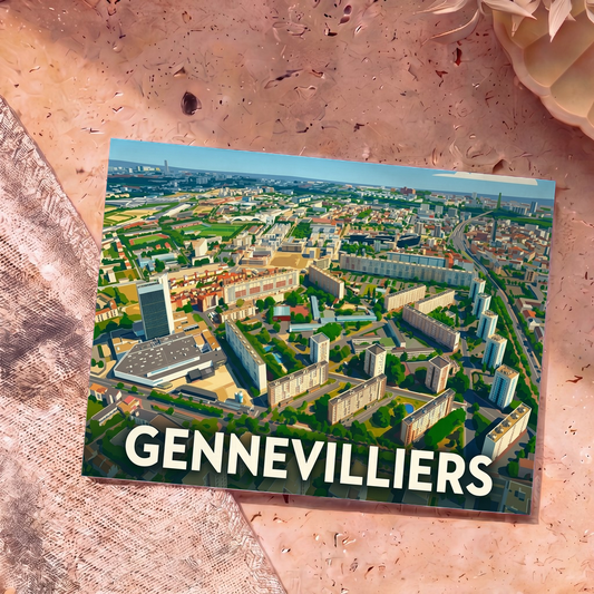 Carte postale souvenir de la ville de Gennevilliers avec une illustration aérienne colorée et stylisée.