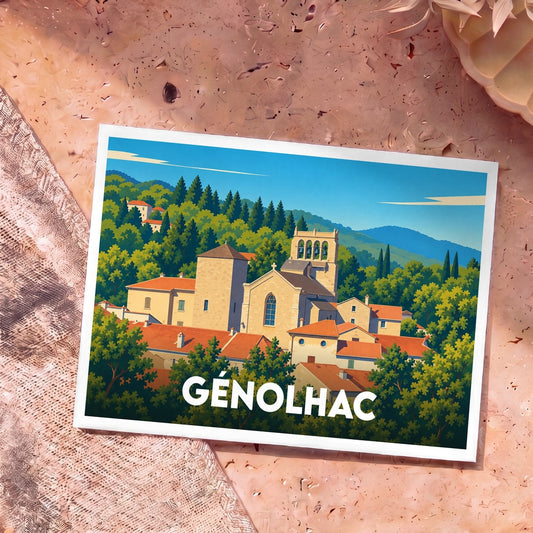 Carte postale souvenir de la ville de Génolhac avec une illustration stylisée de ses bâtiments historiques entourés de verdure.